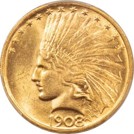 $10 1908 $10 NO MOTTO INDIAN GOLD – PCGS MS-63, LUSTROUS, SCARCE & LOW MINTAGE!