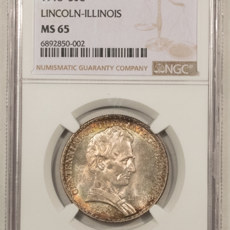 New Certified Coins 1918 LINCOLN-ILLINOIS COMMEMORATIVE HALF DOLLAR – NGC MS-65, PRETTY COLOR!