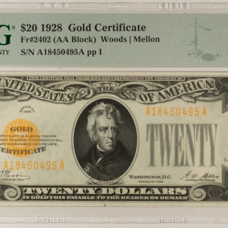 Large Gold Certificates 1928 $20 GOLD CERTIFICATE, FR-2402 (AA BLOCK) – PMG GEM UNCIRCULATED-65 EPQ!
