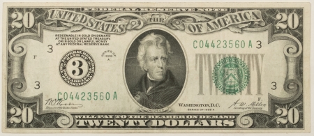 New Store Items 1928-A $20 FEDERAL RESERVE NOTE, NUMERIC, 3-PHILADELPHIA, FR-2051C EXTRA FINE!-