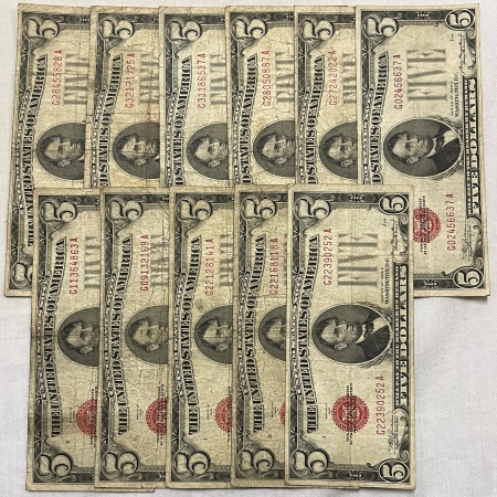Small U.S. Notes 1928-C $5 UNITED STATES NOTES, LOT OF 11, FR-1528 – FINE/VERY FINE, HONEST CIRCS