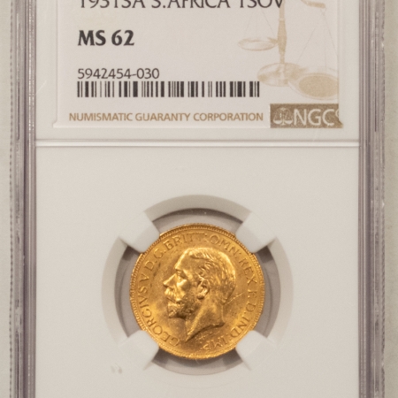 New Certified Coins 1931-SA, SOUTH AFRICA GOLD SOVEREIGN, NGC MS-62, .2354 AGW, FRESH LUSTROUS COIN!