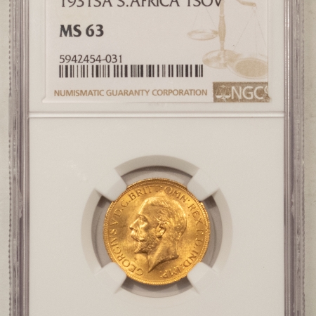 New Certified Coins 1931-SA, SOUTH AFRICA GOLD SOVEREIGN, NGC MS-63, .2354 AGW, FRESH LUSTROUS COIN!
