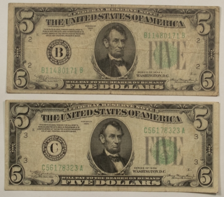 New Store Items 1934-A $5 FEDERAL RESERVE NOTES, FR1955C, FR1957B, LOT OF 2, AVERAGE CIRCULATED