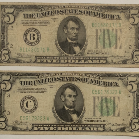 New Store Items 1934-A $5 FEDERAL RESERVE NOTES, FR1955C, FR1957B, LOT OF 2, AVERAGE CIRCULATED