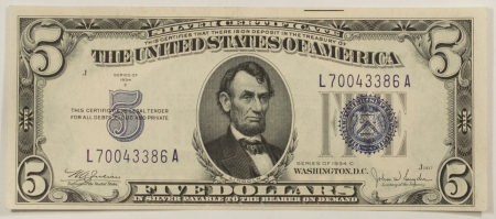 New Store Items 1934-C $5 SILVER CERTIFICATE, FR-1653 – VERY CHOICE UNCIRCULATED W/ EMBOSSING!