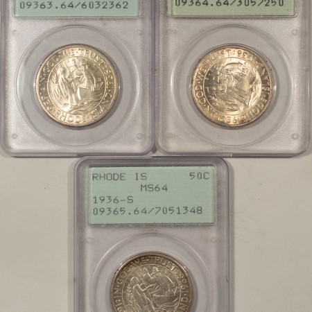 New Store Items 1936 P/D/S RHODE ISLAND COMMEMORATIVE 3 COIN SET, PCGS MS-64 CAC RATTLER HOLDERS