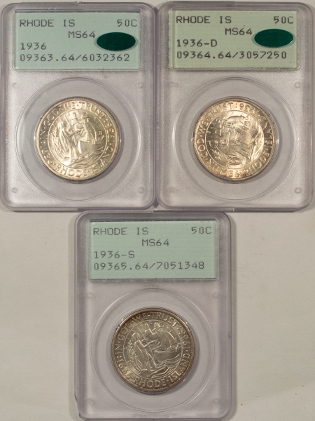 CAC Approved Coins 1936 P/D/S RHODE ISLAND COMMEMORATIVE 3 COIN SET, PCGS MS-64 CAC RATTLER HOLDERS