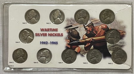 Jefferson Nickels 1942-1945-S WARTIME SILVER NICKEL SET, 11 COINS IN DISPLAY FOLDER, AVERAGE CIRC