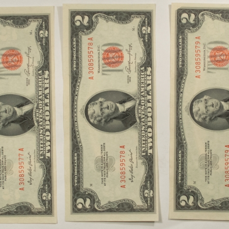 New Store Items 1953 $2 UNITED STATES NOTES, FR-1509, 3 CONSEC NOTES – GEM CU, 3RD NOTE W/ ERROR