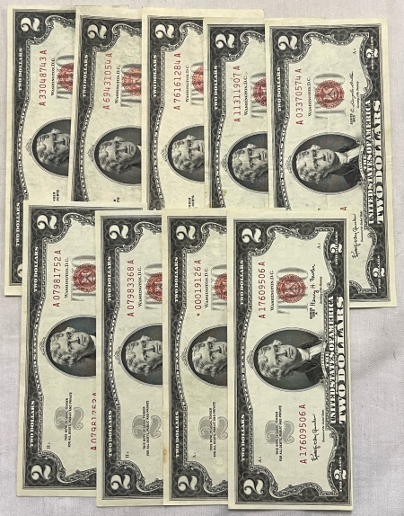 New Store Items 1953-1963 9 PC LOT OF RED SEALS $2 USN, FR1509-1514 – XF+ – CHOICE UNCIRCULATED!