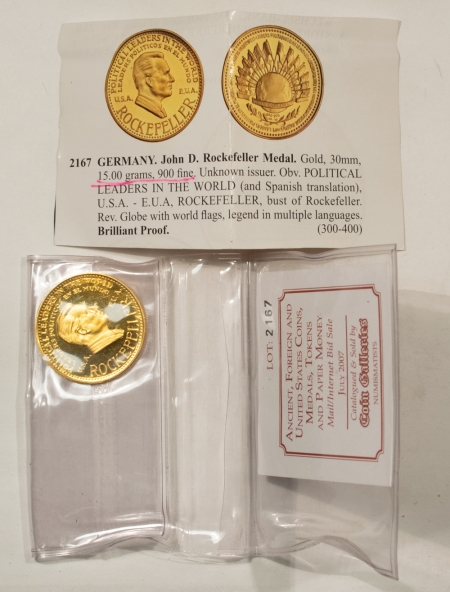 Exonumia 1970 GERMANY .900 FINE GOLD MEDAL .4355 AGW ROCKEFELLER POLITICAL COMMEM, SCARCE
