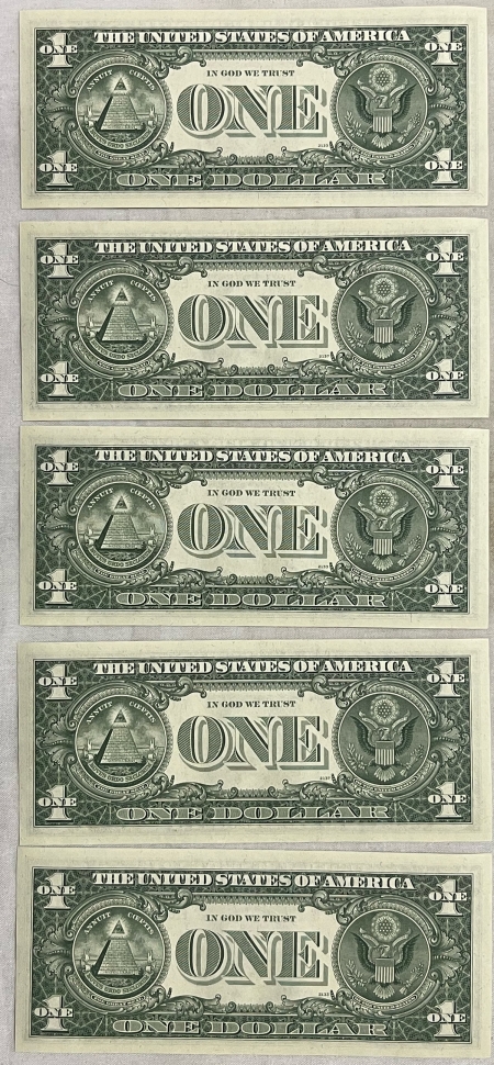 New Store Items 1974 $1 FEDERAL RESERVE NOTE, LOT OF 5 CONSECUTIVE NOTES, FR-1908E – GEM CU!