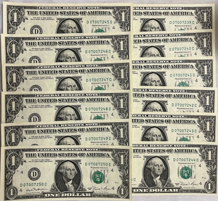 New Store Items 1981 $1 FEDERAL RESERVE NOTE, LOT OF 12 CONSECUTIVE NOTES, FR-1911D – GEM CU!