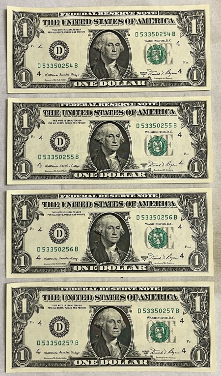 New Store Items 1981-A $1 FEDERAL RESERVE NOTE, LOT OF 4 CONSECUTIVE NOTES, FR-1912D – GEM CU!