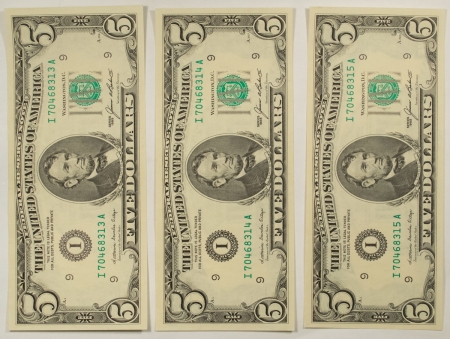Small Federal Reserve Notes 1985 $5 FRN NOTES, FR-1979I, MINNEAPOLIS, KEY DISTRICT 3 CONSEC NOTES – GEM UNC!