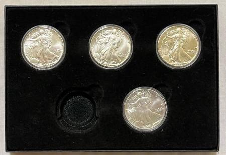 American Silver Eagles 1986, 1987, 1988, 1990 $1 AMERICAN SILVER EAGLES 1 OZ, 4 COIN LOT GEM BU IN CASE