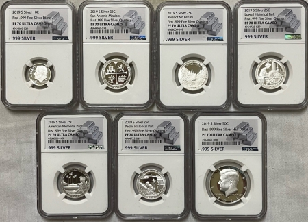 New Certified Coins 2019-S 7 COIN SILVER PROOF SET, FIRST .999 COINS 10C-50C – NGC PF-70 ULTRA CAMEO