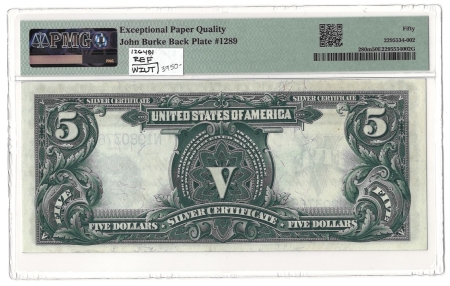 Large Silver Certificates 1899 $5 SILVER CERTIFICATE, “CHIEF”, FR-280m, MULE, PMG ABOUT UNC-50 EPQ-FRESH!