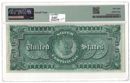 Large Silver Certificates 1886 $5 SILVER CERTIFICATE “SILVER DOLLAR BACK”, FR-263, PMG CH AU-58-SMALL TEAR