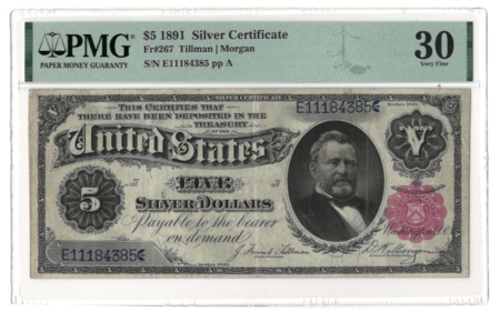 Large Silver Certificates 1891 $5 SILVER CERTIFICATE, FR-267, PMG VF-30, FRESH & BRIGHT CIRCULATED NOTE!