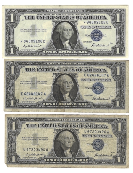New Store Items 1957 (4) & 1957* (1) $1 SILVER CERTIFICATES; 5 PIECE LOT W/ A STAR NOTE, VF-AU
