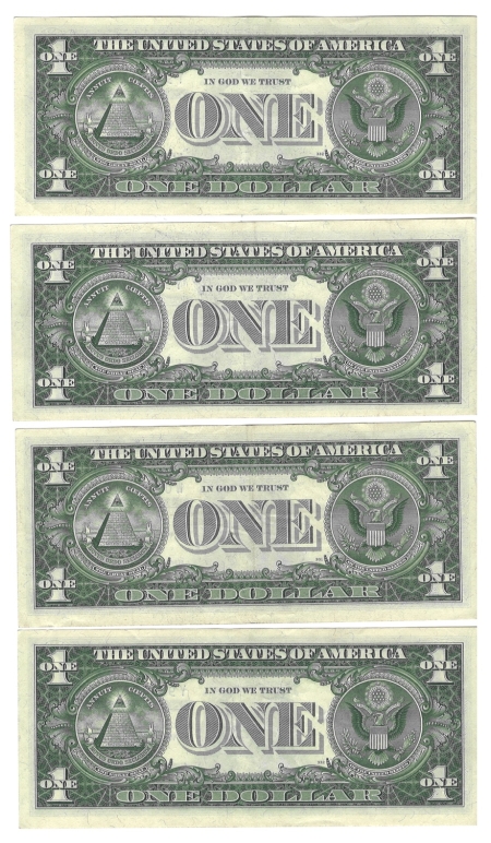 New Store Items 1957 $1 SILVER CERTIFICATE, LOT OF 4 NOTES, FR-1619, AU/CU-NICE HIGH-GRADE NOTES
