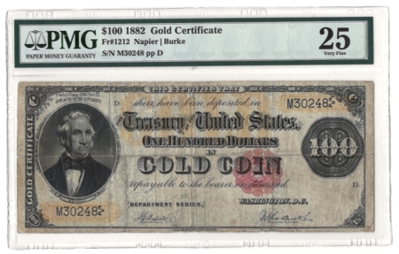 Large Gold Certificates 1882 $100 GOLD CERTIFICATE, FR-1212 – PMG VERY FINE-25