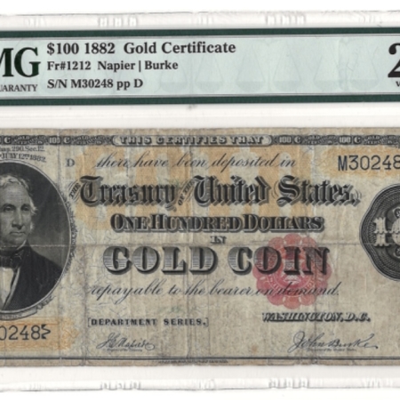Large Gold Certificates 1882 $100 GOLD CERTIFICATE, FR-1212 – PMG VERY FINE-25