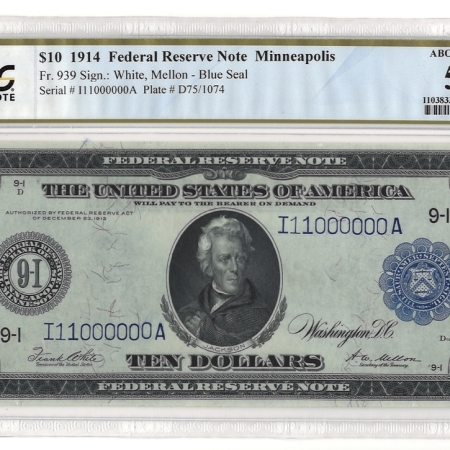 Large Federal Reserve Notes 1914 $10 FEDERAL RESERVE BANKNOTE, MINNEAPOLIS, FR-939 BLUE SEAL – PCGS AU-55