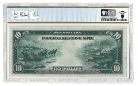 Large Federal Reserve Notes 1914 $10 FEDERAL RESERVE NOTE, BLUE, MINNEAPOLIS FR-939 PCGS AU-55 SN#I11000000A