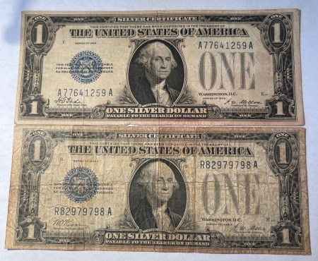 New Store Items 1928 & 1928-A $1 SILVER CERTIFICATES, FUNNYBACKS, LOT OF 2 NOTES, AVERAGE CIRC
