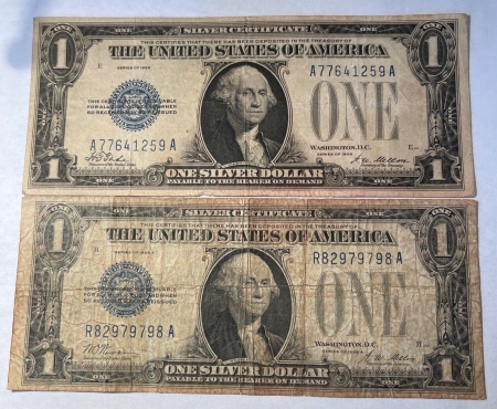 Small Silver Certificates 1928 & 1928-A $1 SILVER CERTIFICATES, FUNNYBACKS, LOT OF 2 NOTES, AVERAGE CIRC