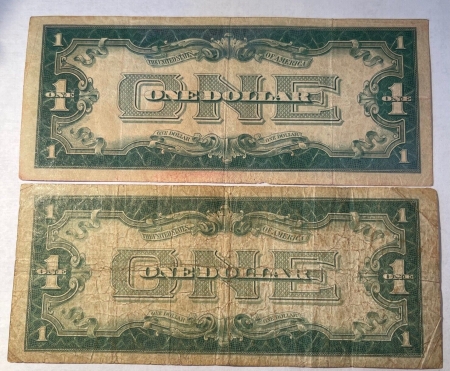 Small Silver Certificates 1928 & 1928-A $1 SILVER CERTIFICATES, FUNNYBACKS, LOT OF 2 NOTES, AVERAGE CIRC