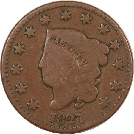 New Store Items 1827 CORONET LARGE CENT – PLEASING CIRCULATED EXAMPLE! REVERSE RIM BRUISE!