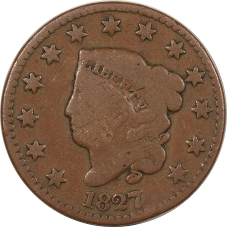 Coronet Head Large Cents 1827 CORONET LARGE CENT – PLEASING CIRCULATED EXAMPLE! REVERSE RIM BRUISE!