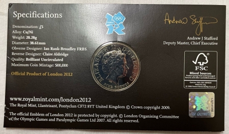 New Store Items 2009 5 POUNDS GREAT BRITAIN, KM-1121, COUNTDOWN TO LONDON 2012 – UNC, OGP!