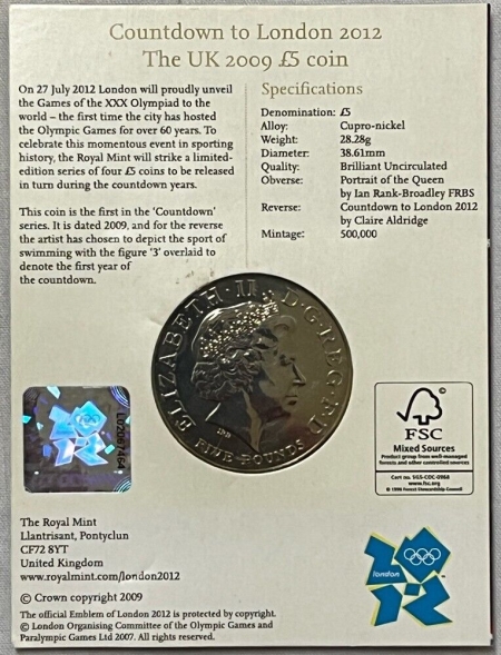 World Certified Coins 2009 5 LBS GREAT BRITAIN, KM-1121, COUNTDOWN TO LONDON – UNCIRCULATED IN OGP!