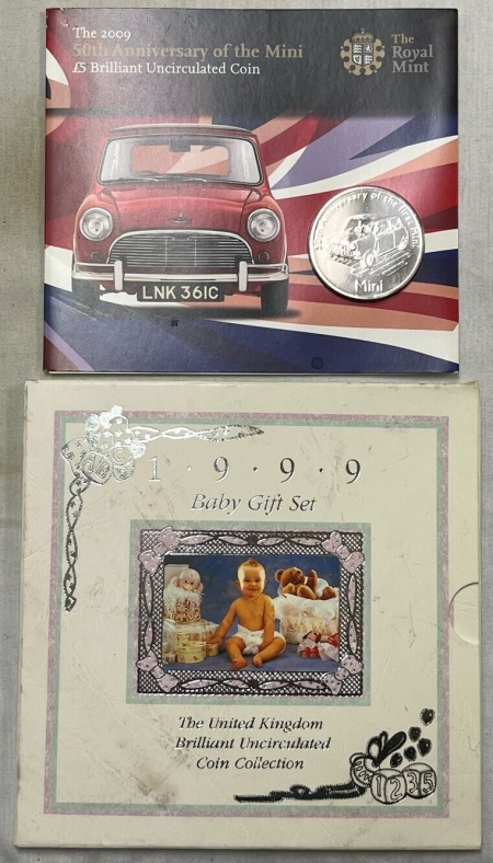 New Store Items 1999/2009 UK & ALDERNEY BABY GIFT SETS & 5 LBS 50TH ANNIV MINI COOPER, UNC COINS