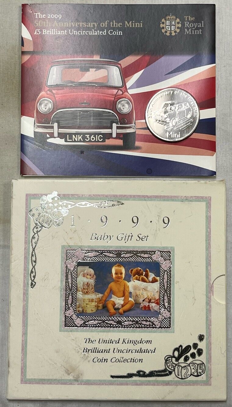 1999/2009 UK & ALDERNEY BABY GIFT SETS & 5 LBS 50TH ANNIV MINI COOPER, UNC COINS