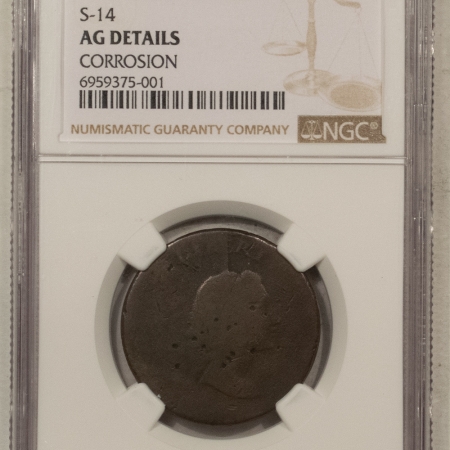 Flowing Hair Large Cents 1793 LIBERTY CAP LARGE CENT, S-14 – AG DETAILS, CORROSION, VERY RARE TYPE!