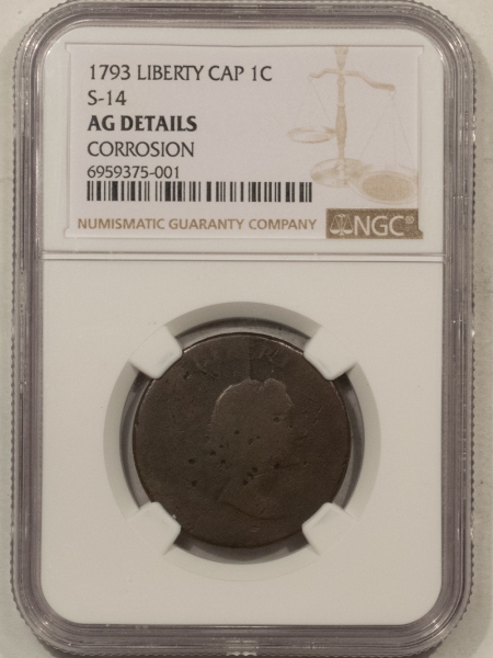 Flowing Hair Large Cents 1793 LIBERTY CAP LARGE CENT, S-14 – AG DETAILS, CORROSION, VERY RARE TYPE!