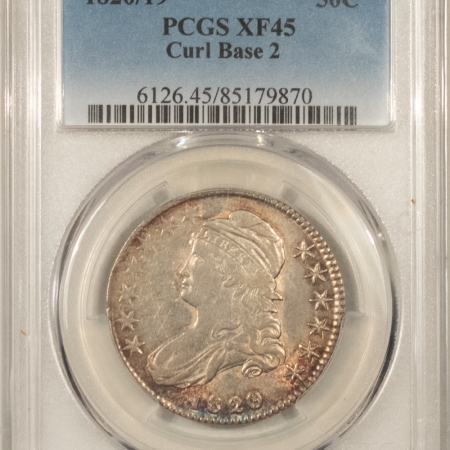 New Store Items 1820/19 CAPPED BUST HALF DOLLAR, CURL BASE 2 – PCGS XF-45, LOOKS AU+, LUSTROUS!