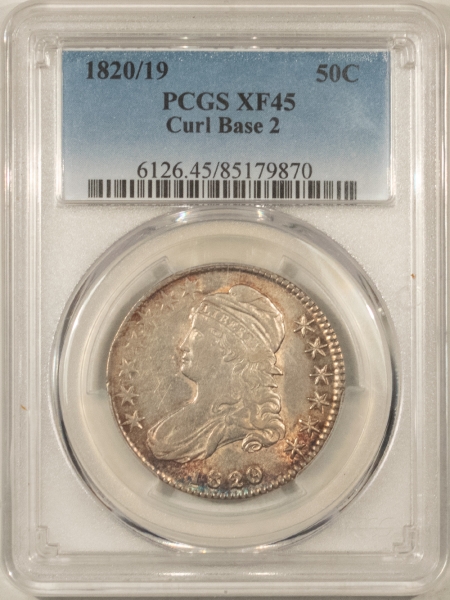 Early Halves 1820/19 CAPPED BUST HALF DOLLAR, CURL BASE 2 – PCGS XF-45, LOOKS AU+, LUSTROUS!
