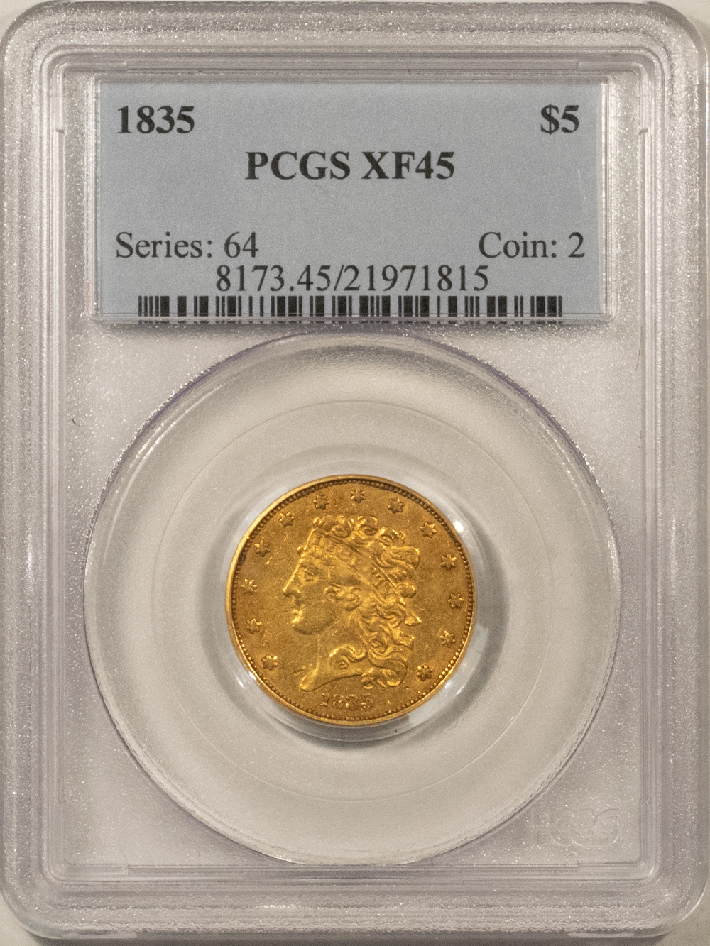 1835 $5 CLASSIC HEAD GOLD HALF EAGLE PCGS XF-45, PLEASING LOOK, AFFORDABLE GRADE