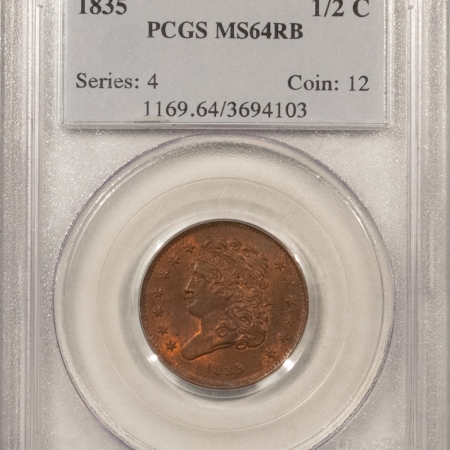 New Store Items 1835 CLASSIC HEAD HALF CENT – PCGS MS-64 RB, FRESH WITH A LOT OF REVERSE RED!