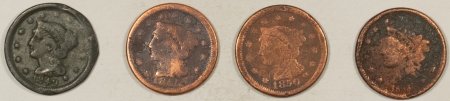 Coronet Head Large Cents 1838, 1849, 1850, 1851 LARGE CENTS, LOT OF 4 – CULLS WITH MAJOR PROBLEMS!
