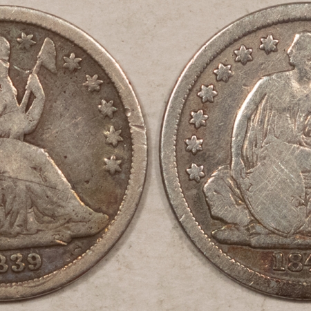 New Store Items 1839, 1840-NO DRAPERY LIBERTY SEATED DIMES, LOT OF 2 – CIRCULATED!