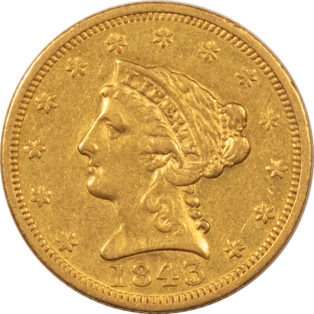 1843 $2.50 LIBERTY GOLD QUARTER EAGLE - HIGH GRADE CIRCULATED EXAMPLE!