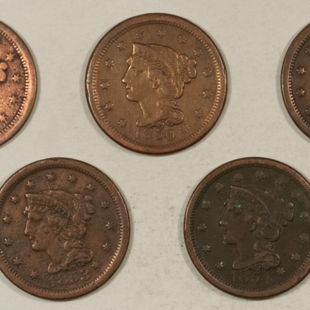 Braided Hair Large Cents 1850, 1851, 1852, 1853, 1854 BRAIDED HAIR LARGE CENTS, LOT OF 5 – CIRCULATED!